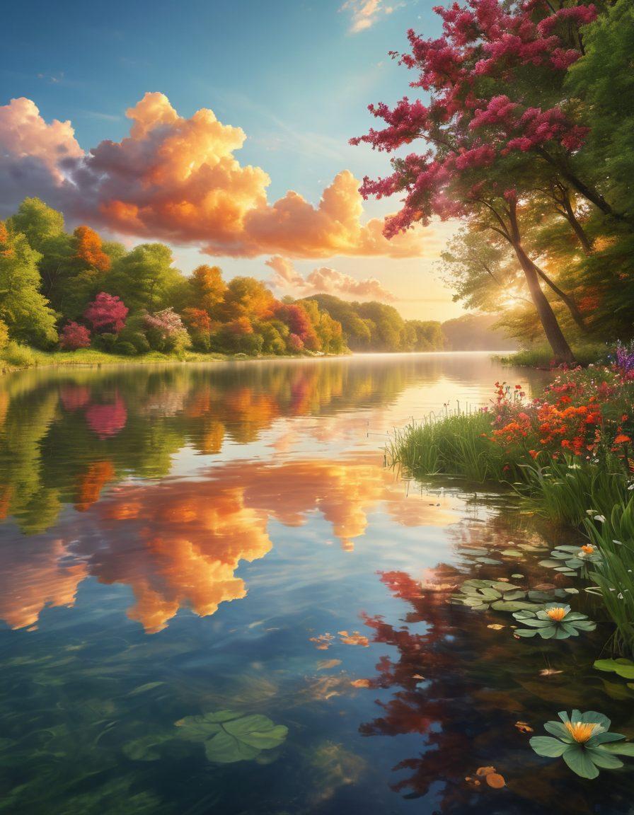 A serene landscape featuring a gentle sunrise over a calm lake, with a person meditating on the shore, surrounded by blooming flowers and lush green trees. The scene transitions from bright, cheerful colors at the left to softer, more tranquil tones on the right, symbolizing the journey from cheerfulness to contentment. Soft clouds reflect warm hues in the water, creating an inviting and peaceful atmosphere. super-realistic. vibrant colors. 3D.
