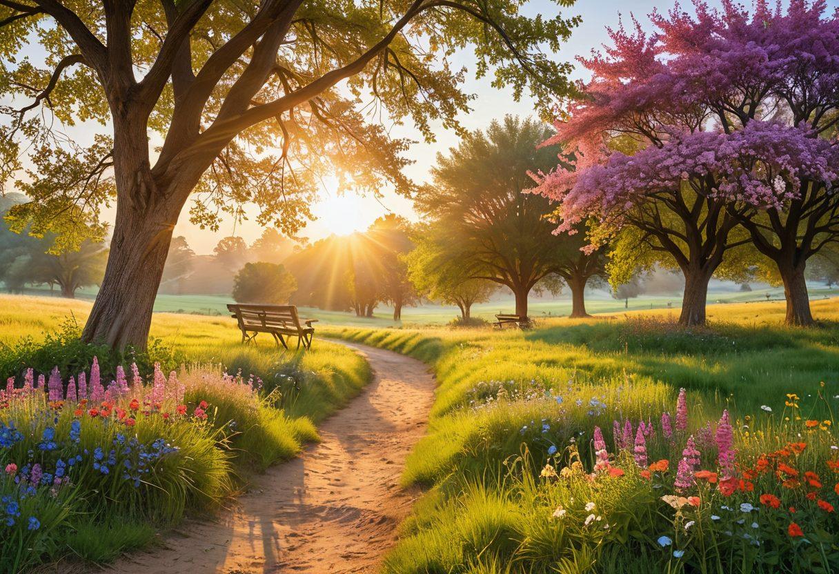 A serene landscape featuring a radiant sunrise over a peaceful meadow, symbolizing joy and fulfillment. Include elements like a winding path leading through blooming flowers and people engaging in joyful activities such as laughter and connecting with nature. Add gentle, uplifting colors to evoke a sense of happiness and tranquility. super-realistic. vibrant colors. soft focus.