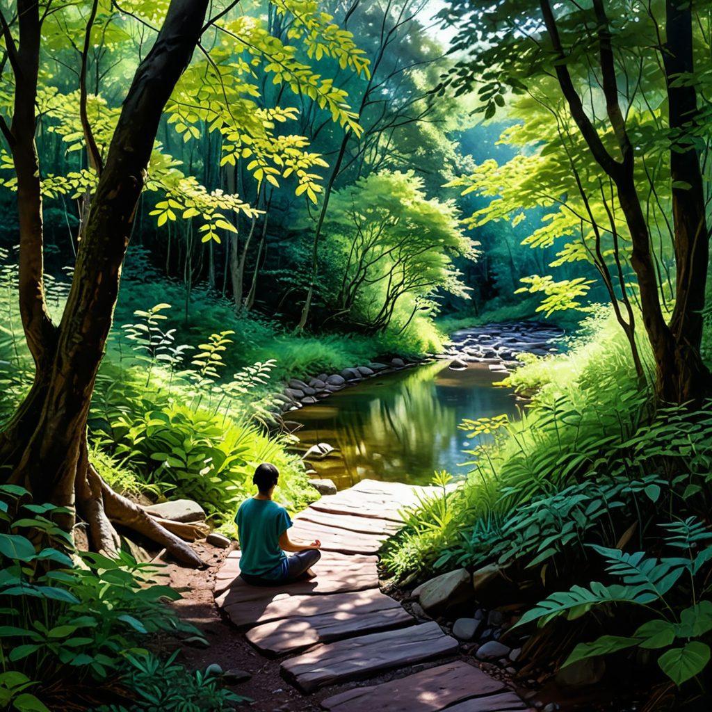A serene landscape featuring a winding path leading through a lush forest, symbolizing the journey to inner peace. Sunlight filters through the trees, casting gentle shadows and highlighting a tranquil stream that flows nearby. In the foreground, a person practices meditation, embodying resilience amidst nature. Soft, calming colors dominate the scene, evoking a sense of calm and fulfillment. watercolor painting. soft pastels. tranquil atmosphere.